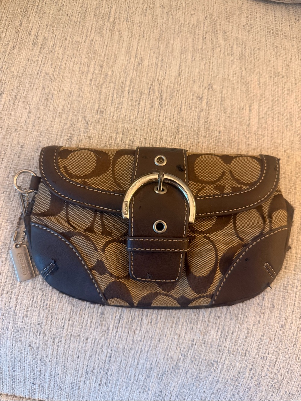 Coach Brown Signature Canvas Wristlet with Dark Brown Leather Trim